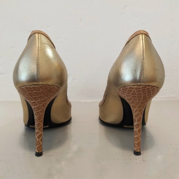 Vintage DOLCE & GABBANA Gold Leather Embossed Croc Trimmed Stiletto Pumps, Sz. 6 - Picture 14 of 16